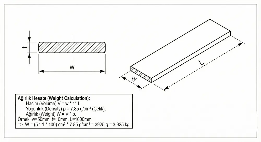 Lama silme ağırlık hesaplama teknik resmi ve kesit ölçüleri (w, t)